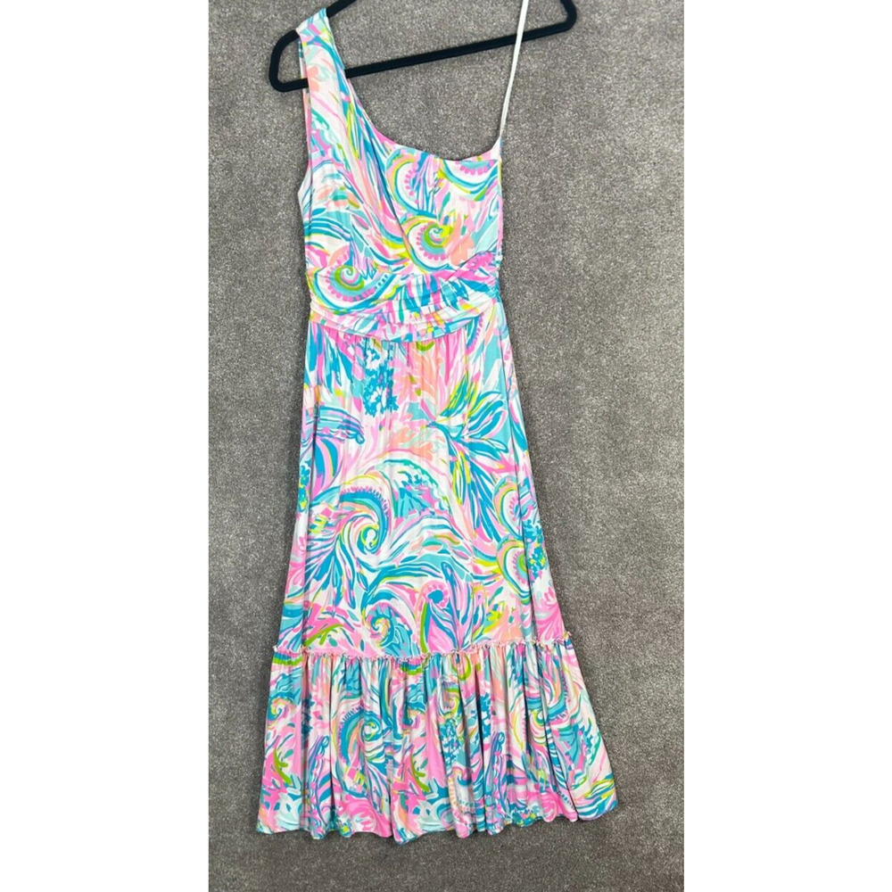Lilly Pulitzer Dress XS Midi Pink Multi Mooney One Shoulder Carnival Coral Party